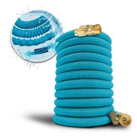 Aqua Joe Kink-Free 50-Foot Expandable Garden Hoses W/ Heavy-Duty Brass Valve & Flow Control Shut-off, 5/8-inch (Light Blue)