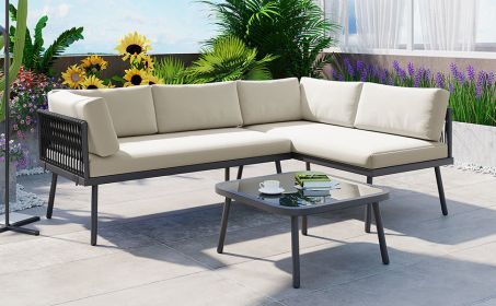 TOPMAX Modern Outdoor 3-Piece PE Rattan Sofa Set All Weather Patio Metal Sectional Furniture Set with Cushions and Glass Table for Backyard, Poolside